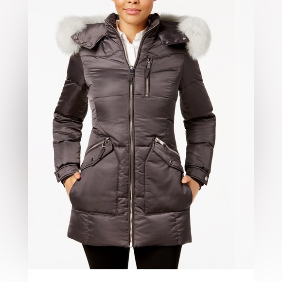 1 Madison Jackets & Blazers - Madison Charcoal Puffer Coat with Faux Fur Trim